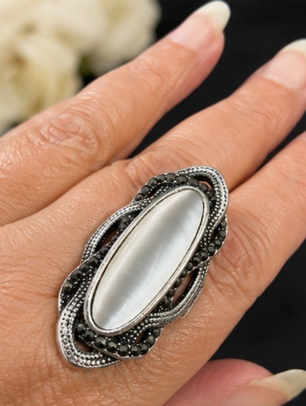 Vintage Style White Cat's Eye Ring Sz. 6 Rhodium Plated Stainless Steel Marcasit